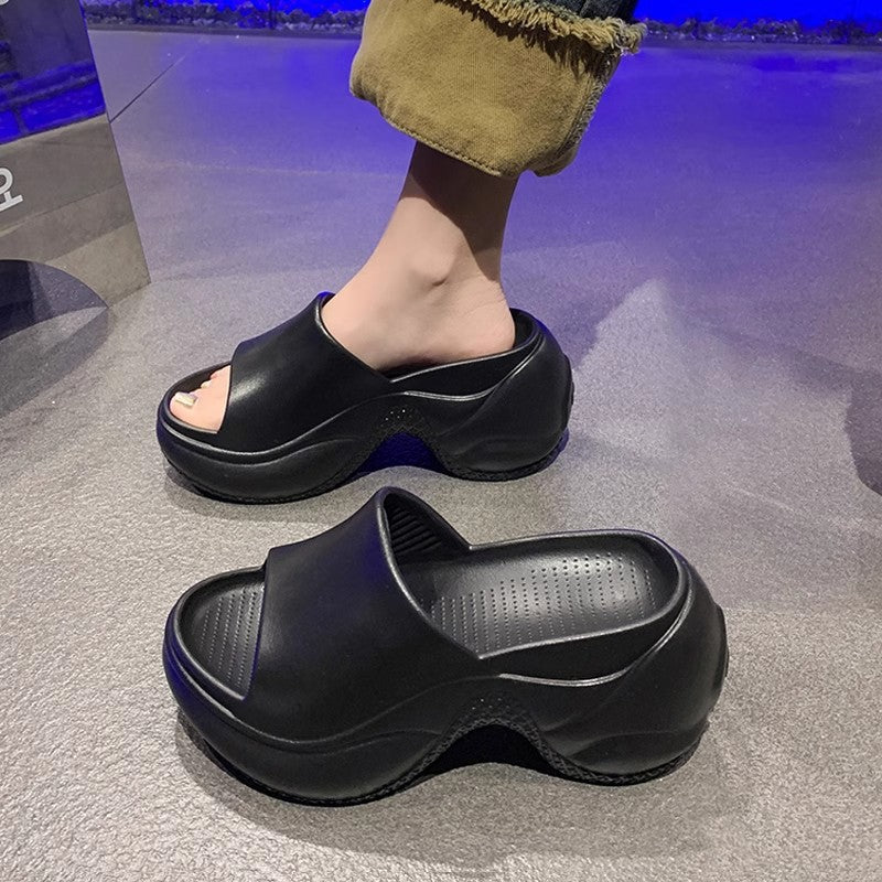 2025 summer new women's platform slides - black criss-cross heeled wedge sandals, 9cm height increasing thong sandals