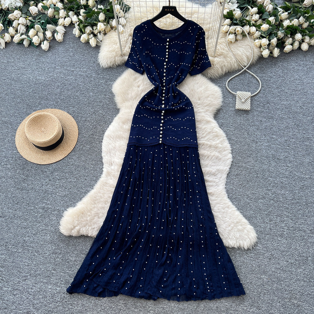 French style beaded knit dress - women's short sleeve high waist a-line dress - slimming, commute-friendly, elegant maxi dress