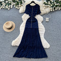 French style beaded knit dress - women's short sleeve high waist a-line dress - slimming, commute-friendly, elegant maxi dress
