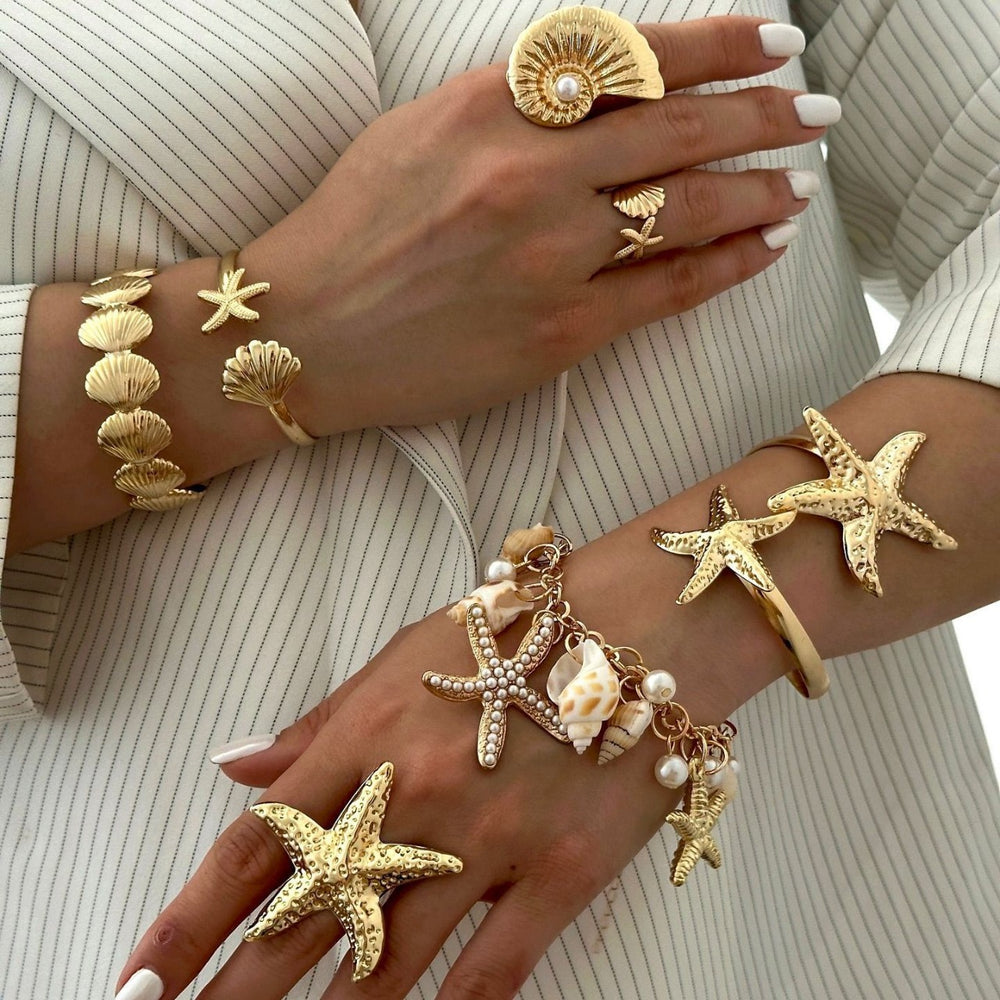Wholesale geometric open bangle bracelets - european & american cross-border jewelry - summer ocean-inspired beach vacation style - starfish ring for women