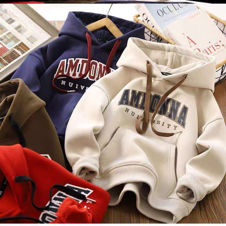 boys' fleece-lined sweatshirt,  autumn/winter new style, kids' warm base layer top, trendy street style, cool and handsome outerwear