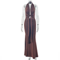 Fashion styleexport women's clothing waist pleated strap hip skirt halter neck sexy backless home plaid long dress
