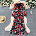 European and american style printed bubble sleeve dress - women's autumn slimming, figure-flattering, mature, chic, and exquisite long dress