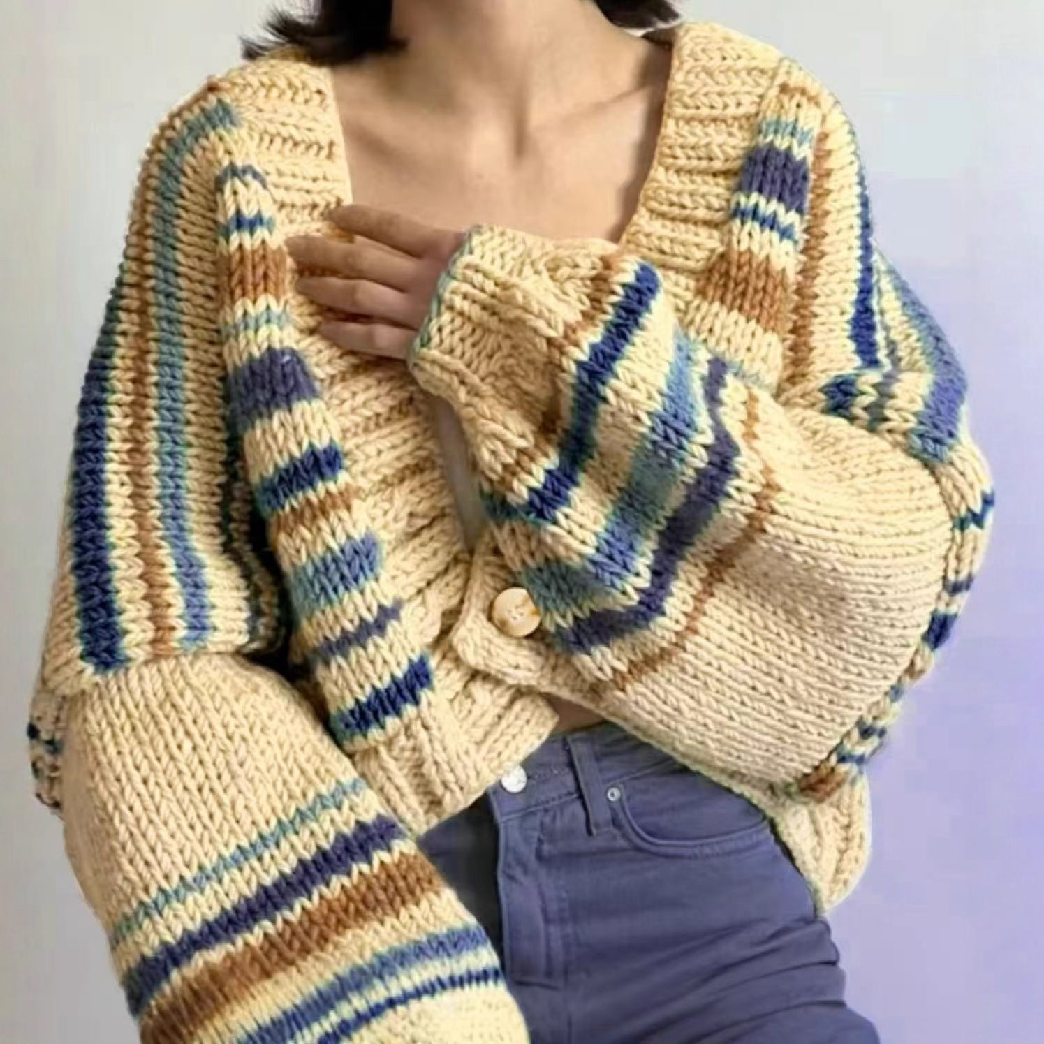 Cross-border Europe, America and early autumn 2025 new women's clothing lazy wind v-neck contrasting color loose knitted cardigan sweater jacket