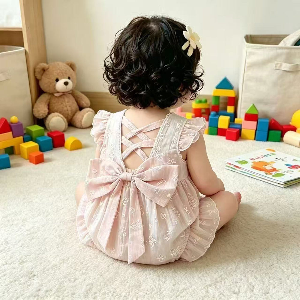 New girls' lace-trimmed round neck flutter sleeve summer floral print smocked waist a-line sweet princess dress romper