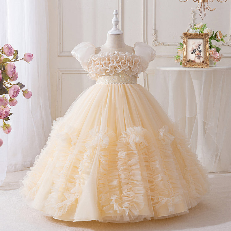 Ready-to-ship girls' evening gown long tulle dress flower girl wedding dress birthday party piano recital sweet elegant princess dress