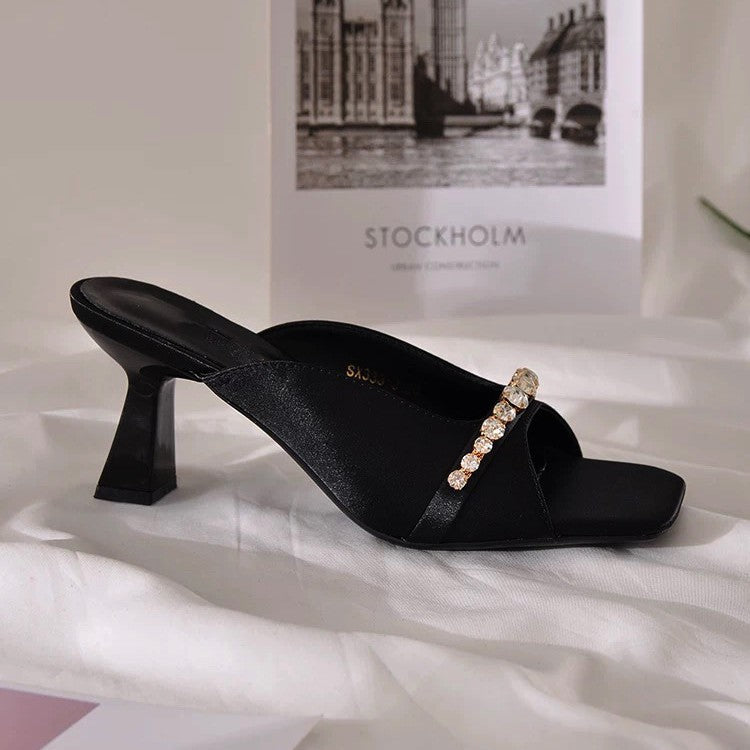 Rhinestone tweed style sandals 2025 summer open toe white beautiful high heels champagne color square toe sandals for women