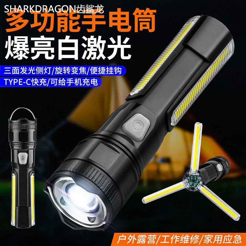 Cross-border new LED flashlight Type-C charging with side light outdoor camping multi-function strong light flashlight