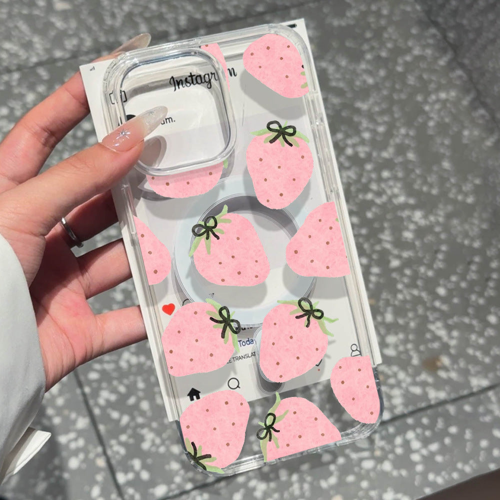 All-over strawberry bow iphone 17 case, high-clarity apple 16 magnetic shockproof transparent soft case for iphone 15