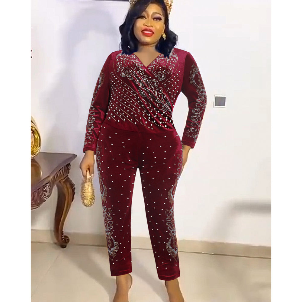 supply fall and winter new products heavy industry hot diamond beading   flannel long sleeves jumpsuit african women
