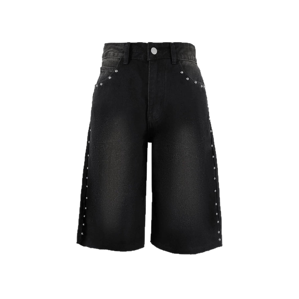 Fashion street rivet denim pants for women high waistloosestraight-leghalf length pants washed raw edge design cross-border