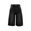 Fashion street rivet denim pants for women high waistloosestraight-leghalf length pants washed raw edge design cross-border
