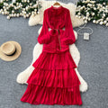 French dress women's  new arrival high-end lace patchwork cinched waist lantern sleeve ruffle hem long evening gown