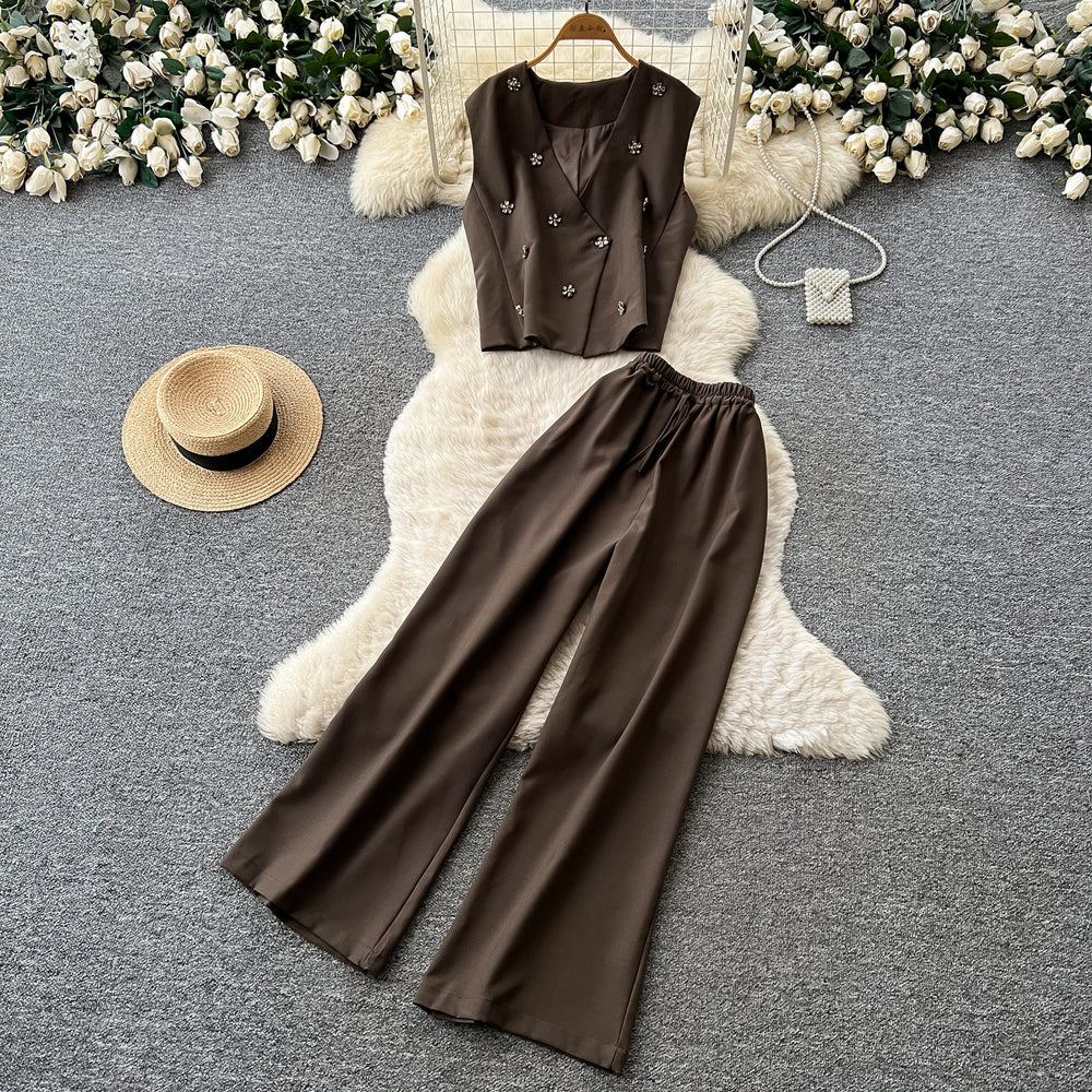 Lightly mature elegance style work clothingtwo-piece set female summerelegant beaded sleeveless vest loose pantsslimming lookfashionsuit