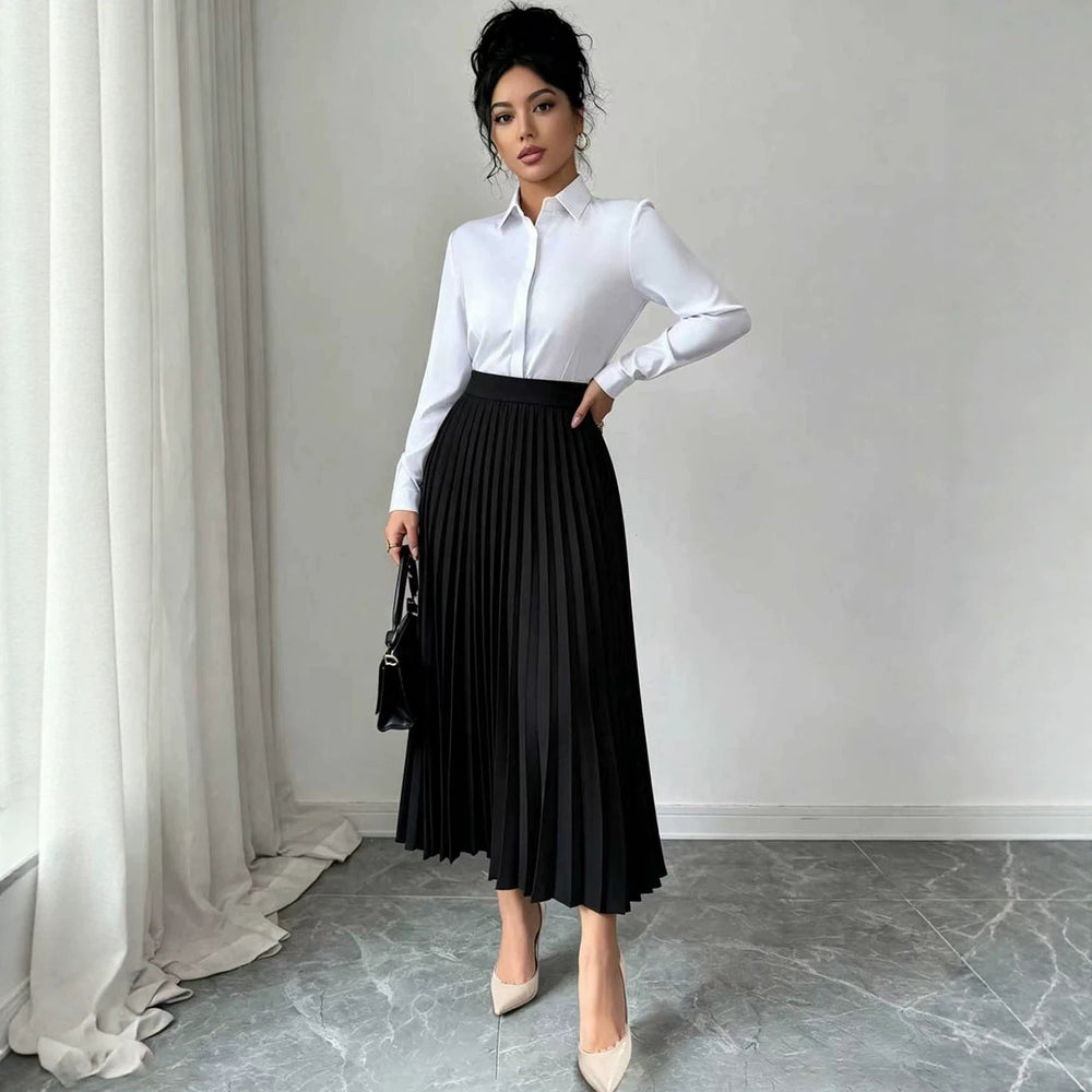 European and american  minimalist commute pleated midi skirt - black, high-waisted, drapey, slimming, versatile a-line skirt