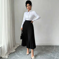 European and american  minimalist commute pleated midi skirt - black, high-waisted, drapey, slimming, versatile a-line skirt