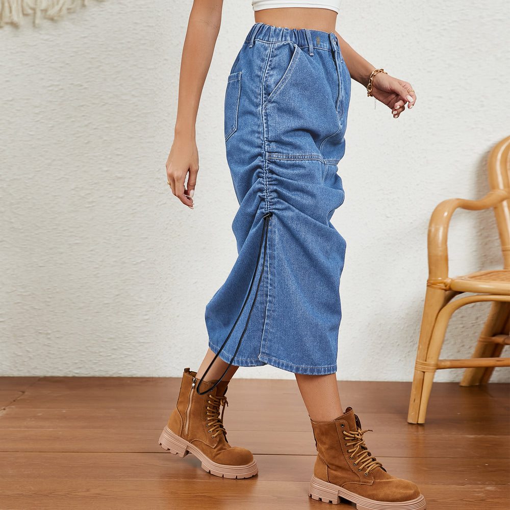 European and american cross-border trade women's summer new  independent station washed elastic waist drawstring denim midi skirt