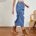 European and american cross-border trade women's summer new  independent station washed elastic waist drawstring denim midi skirt