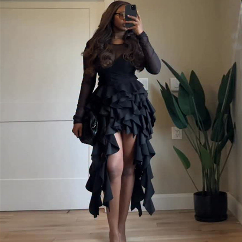 European and american cross-border women's fashion:  autumn new arrivals - sexy, elegant, slim-fit ruffle evening gown, long sleeve dress