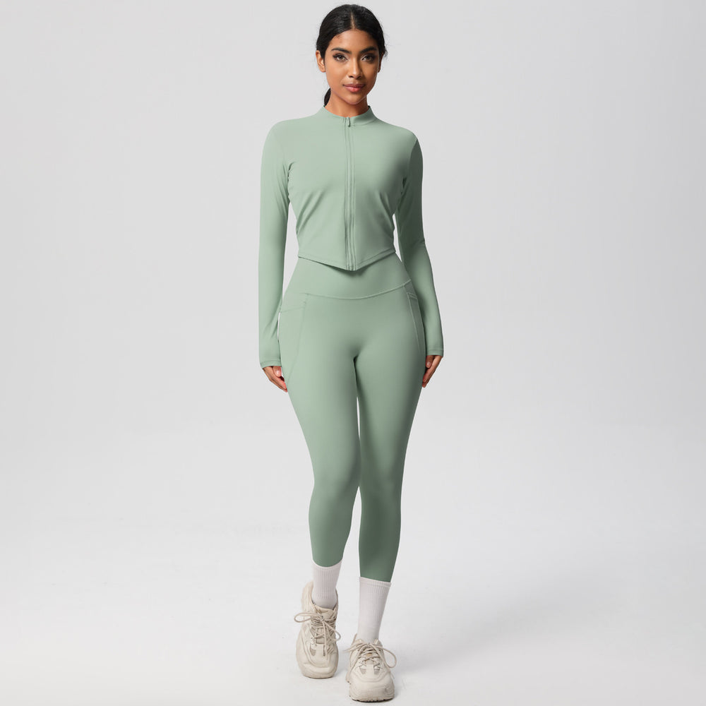 European and american nude feel compression zip-up yoga set - high-waisted pocket quick-dry activewear running fitness two-piece outfit