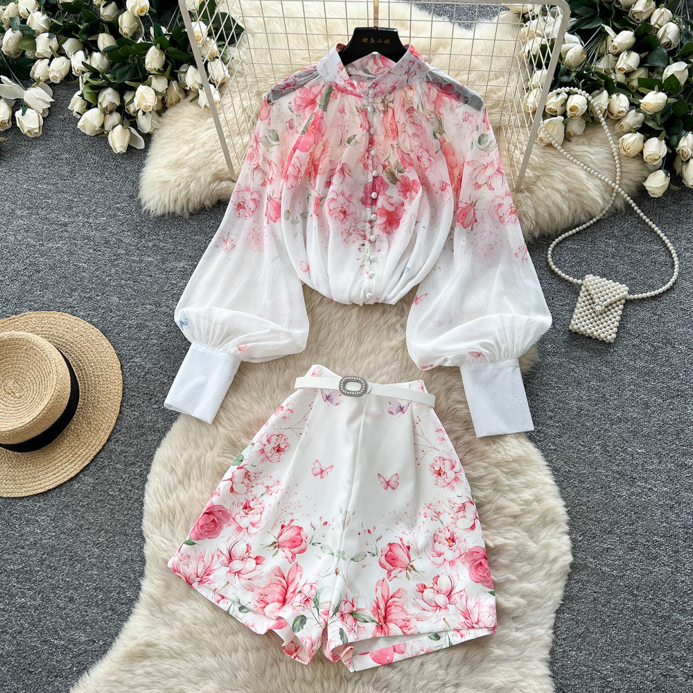 Export palace style printingfashionsuit women's lantern sleeve stand collar tops high waistshortstwo-piece setwork clothing outfit
