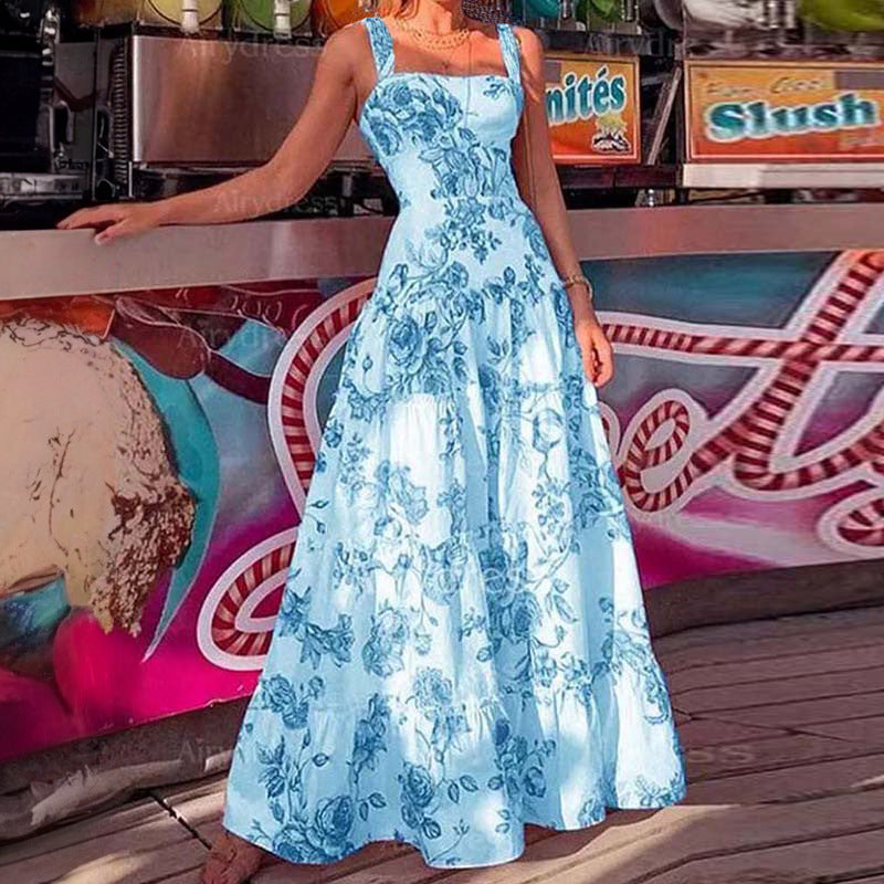 Custom  foreign trade european and american women's clothing new commuter camisole maxi dress - elegant, stylish, printed, high-waisted dress
