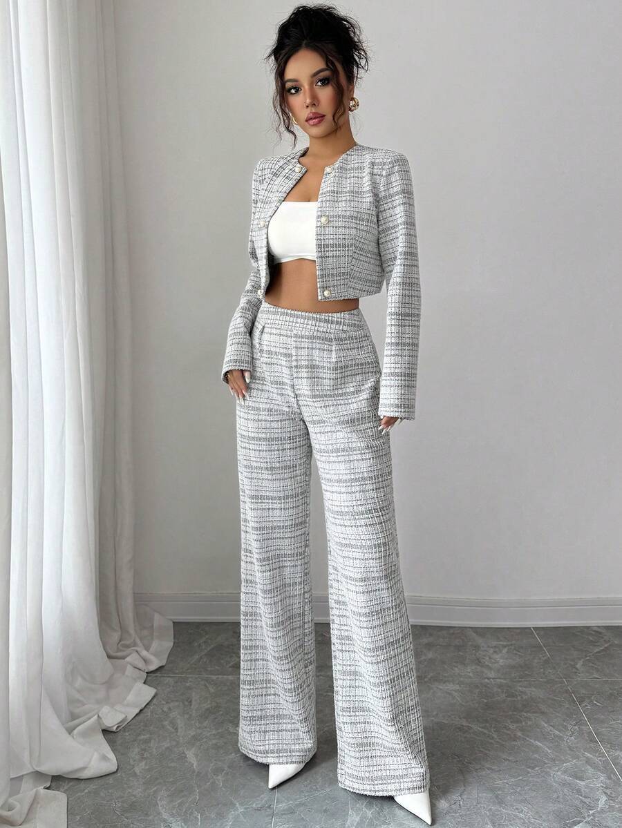 Versatile retro houndstooth elastic high-waisted wide-leg casual pants for women - autumn/winter loose fit, drapey, floor-length straight-leg trousers