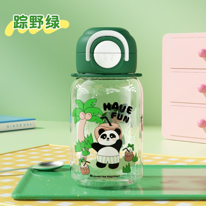 Cartoon panda kids water bottle, plastic cup, student food-grade double-drink straw cup with strap, portable water bottle, large capacity