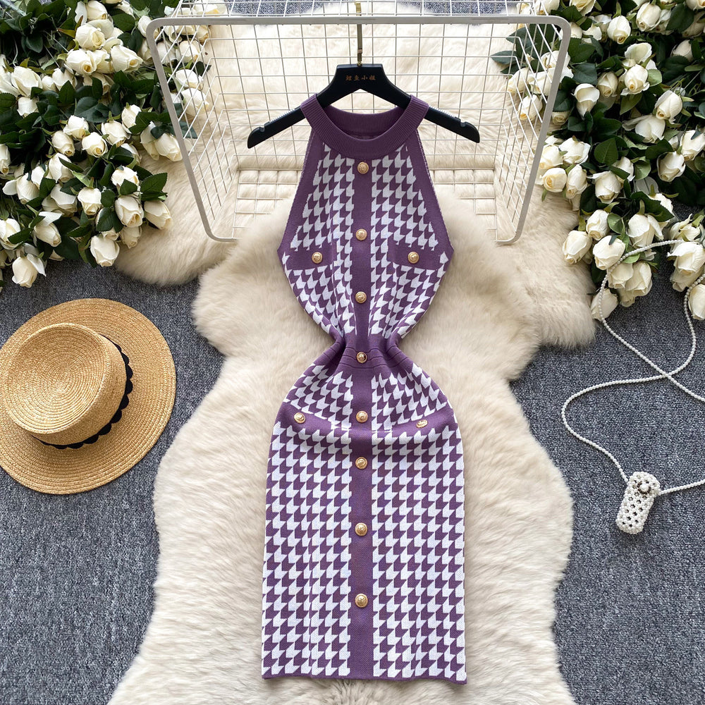 Sexy socialite accessible luxuryhalter sleeveless metal buckle silmknittingdress female french waist chidori grids skirt