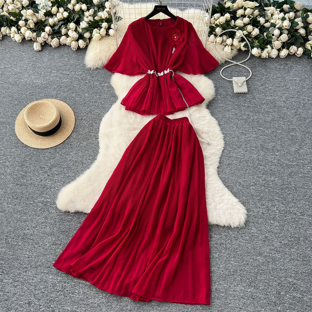 French style women's summer outfit: premium 3d floral tie-waist short-sleeve pleated top + high-waisted midi skirt