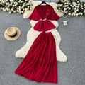 French style women's summer outfit: premium 3d floral tie-waist short-sleeve pleated top + high-waisted midi skirt