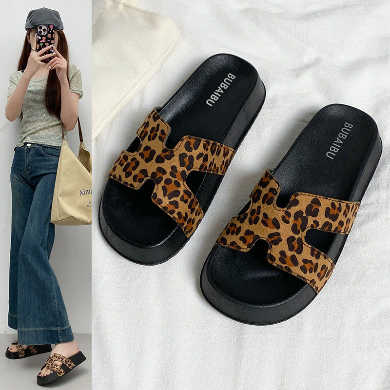 Women's summer sandals & slippers - new thick-soled leopard print h-strap comfortable non-slip foreign trade flip-flops