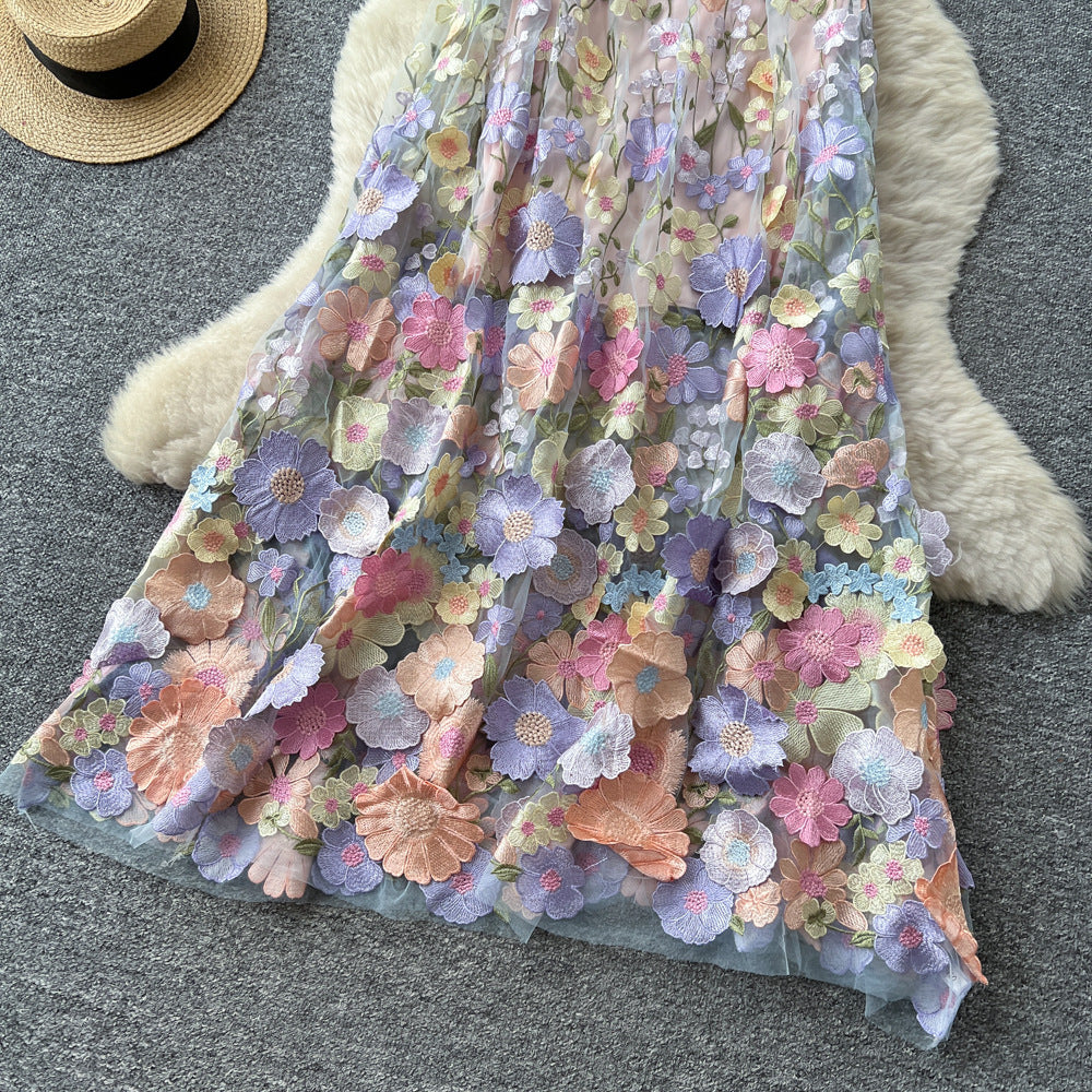 Super fairy stereo flower embroider mesh dress female summer sleeveless a-line elegant long skirt slimming look beautiful dress