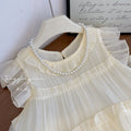 Girls' summer new beige flutter sleeve dress - baby casual style, fashionable, high-quality children's clothing, trendy brand