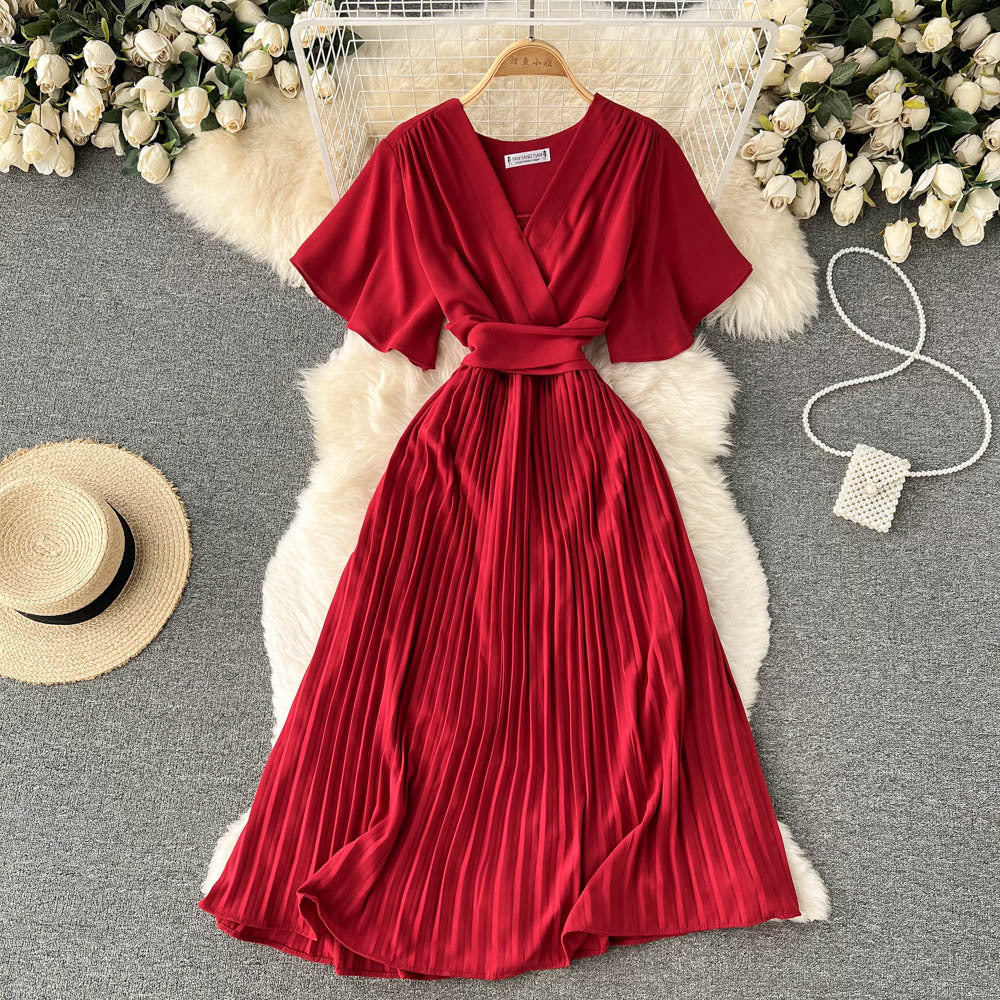 French pleated silmlong holiday style chiffon pleated long skirt pure colorelegantv necknew arrivalfrenchdress