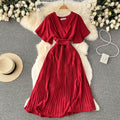 French pleated silmlong holiday style chiffon pleated long skirt pure colorelegantv necknew arrivalfrenchdress