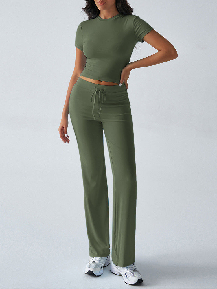 2025 european and american new arrival cross-border women's spring/summer elegant solid color crew neck casual fashion set - short sleeve top and long pants