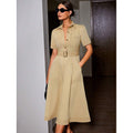 fashionautumretro lapel casualpatchwork button flap pocket pants design silm short-sleeved dress