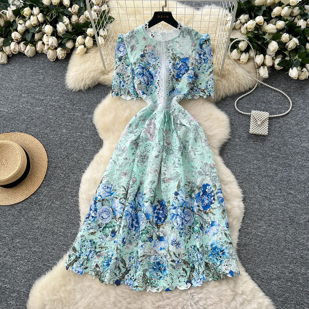 French retro chic crochet lace bubble sleeve dress - women's slimming, figure-flattering, elegant maxi dress