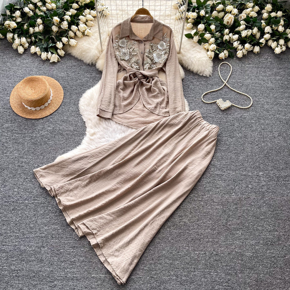 French chic embroidered cardigan & high-waisted midi skirt set - autumn sequin waist-cinching slimming two-piece - premium style
