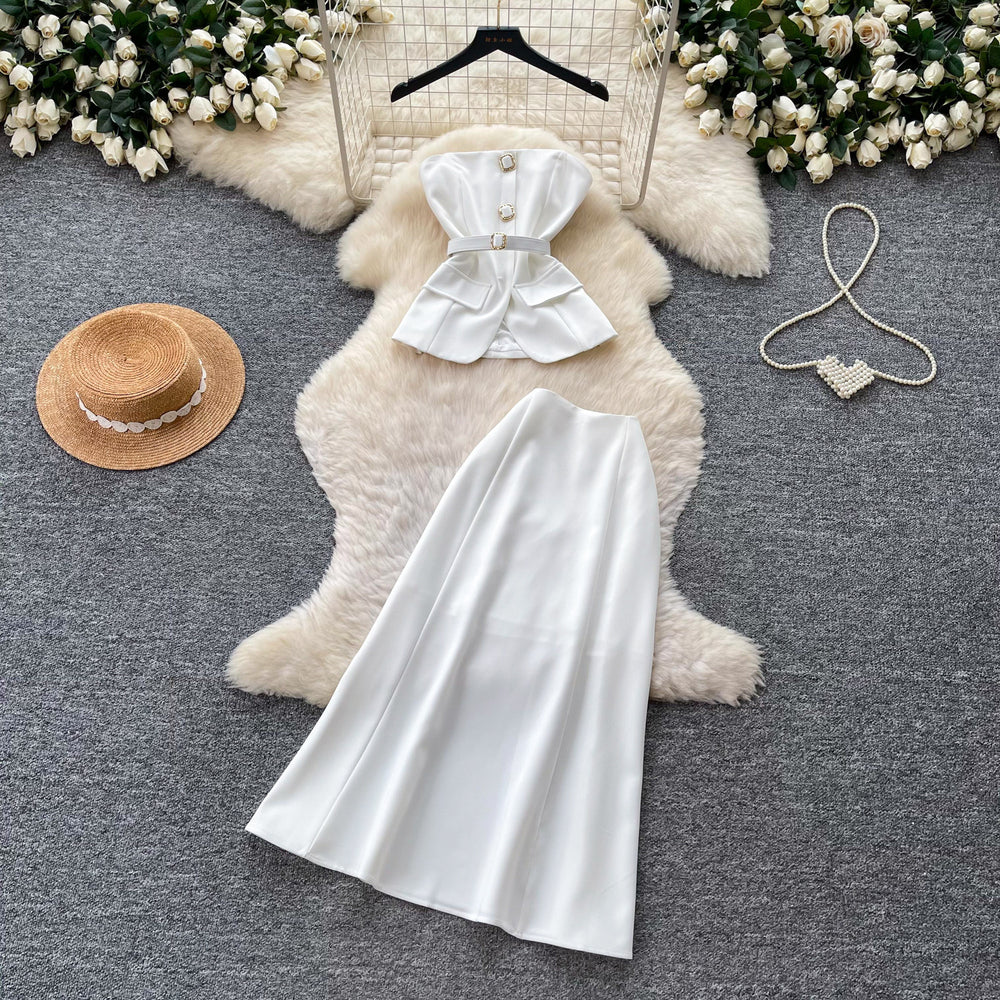 Light luxury elegance style whitetube top skirt two-piece set women's summerwork clothing style silmslimming lookelegantsuit