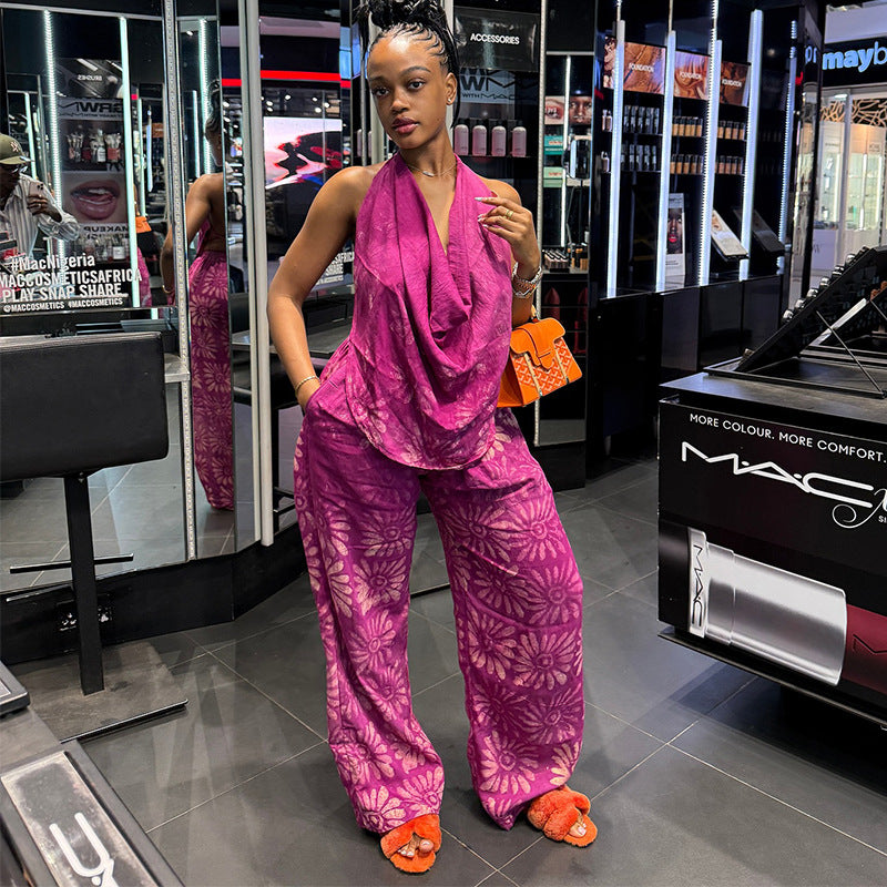 European and american style women's clothing  autumn new collection: sweet and fresh printed halter top shirt and high-waisted straight-leg pants two-piece set
