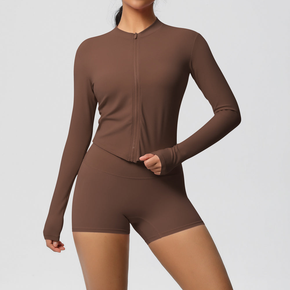 Ready-to-ship cross-border double-sided brushed solid color fitted zip-up jacket yoga set workout running fitness set for women