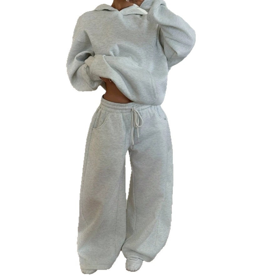 fashion cross-border comfy basics suit pure color dropped shoulder hooded sweatshirt wide-leg casualpants
