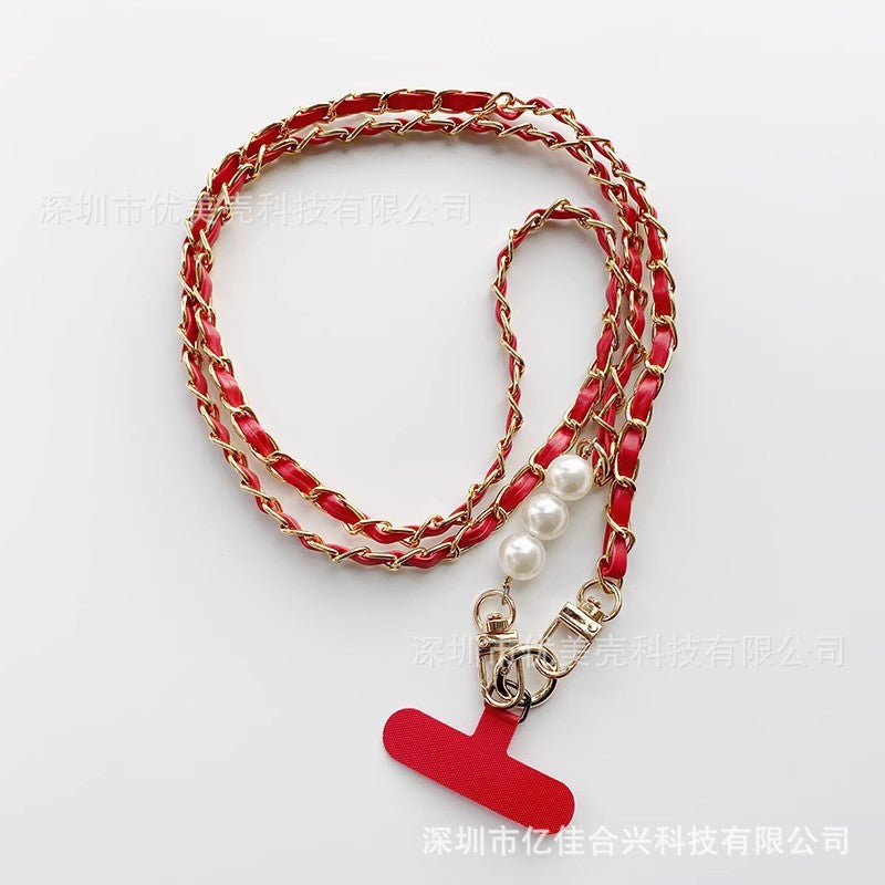 Mobile phone lanyard small fragrant pearl pickup chain long crossbody mobile phone hanging chain metal leather pendant bag chain