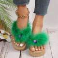 2024 summer new fuzzy slippers women's thick sole slides european and american beach rhinestone wedge flip flops