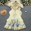 French heavy industry lapel printingdress women's summer long sleeves waist a-line skirt elegant gentle style vacation long skirt