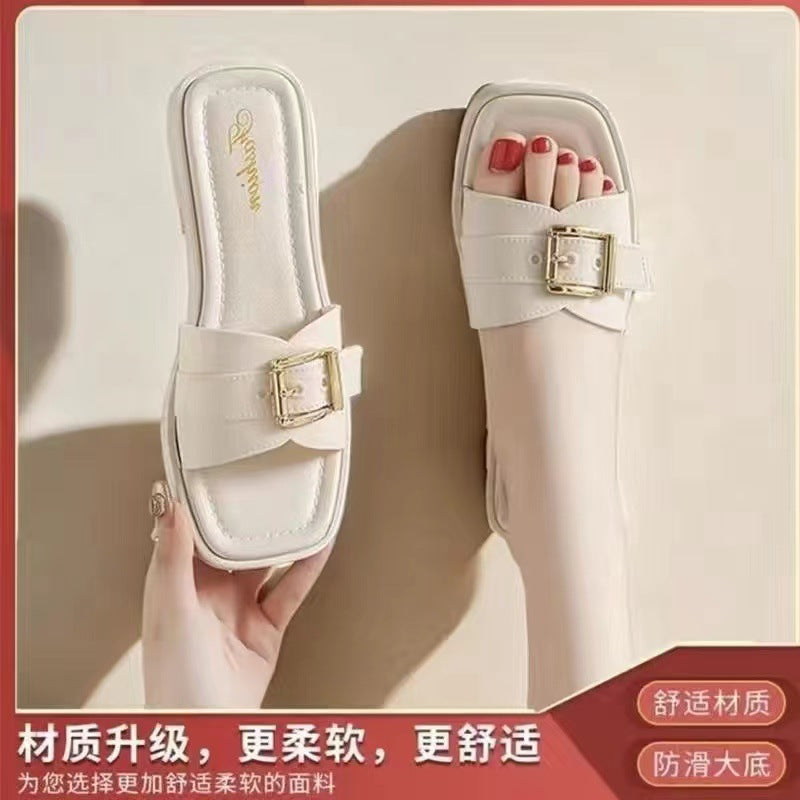 Fairy-style women's sandals and slippers, new trendy and versatile korean-style square heel flat beach sandals for women, perfect for summer 2025