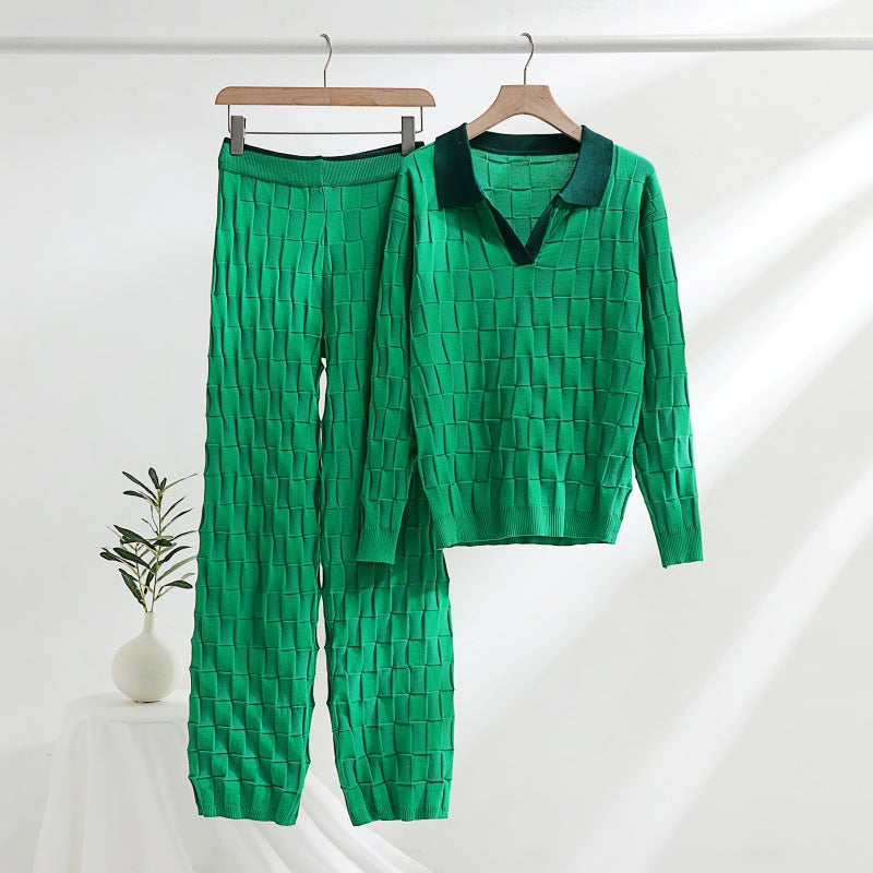 Trendy knit set:  autumn new korean style half-open collar pullover knit top & casual pants two-piece set