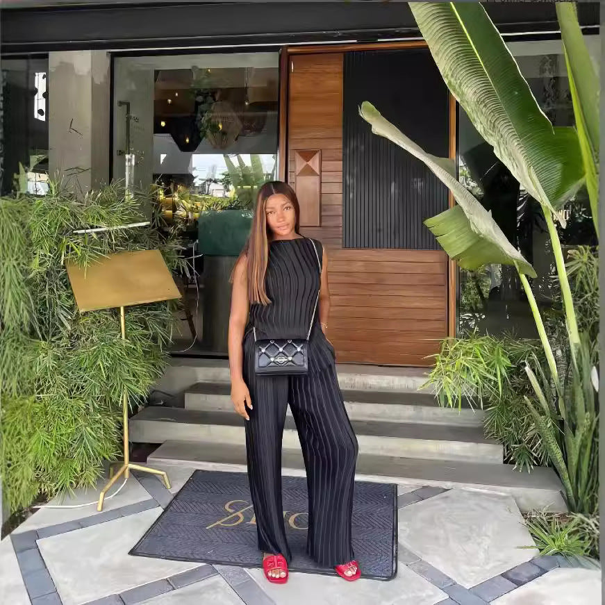 European and american cross-border women's fashion  autumn new solid color sleeveless round neck top slim fit casual wide leg pants set